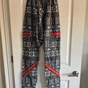 Black and White Patterned Joggers with Red Accents